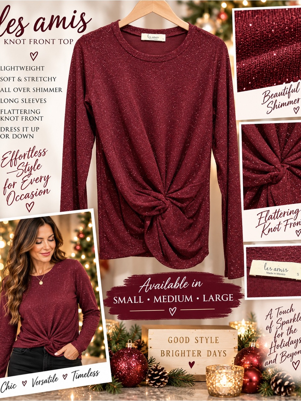 Les Amis Burgundy Sparkle Knot-Front Blouse